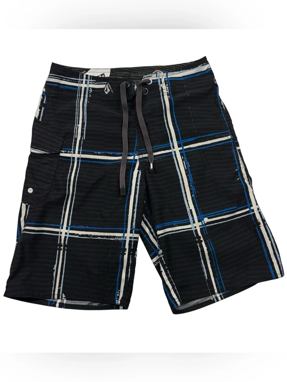 Vintage Y2K Volcom Boardies Black Blue Plaid Board Shorts Swimwear Youth 10/12